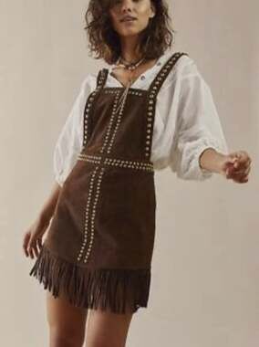 Understated Leather Studded Brown Fringe Pinafore Suede Western Mini Dress L